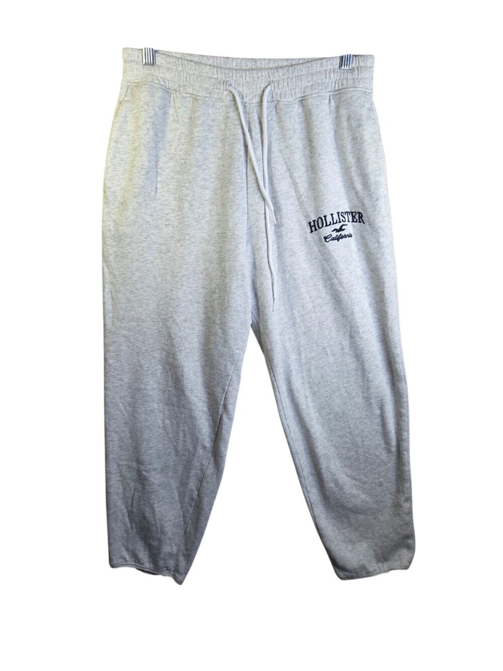 Hollister Women High Rise Logo Joggers Size Medium Light Grey Fleece Drawstring